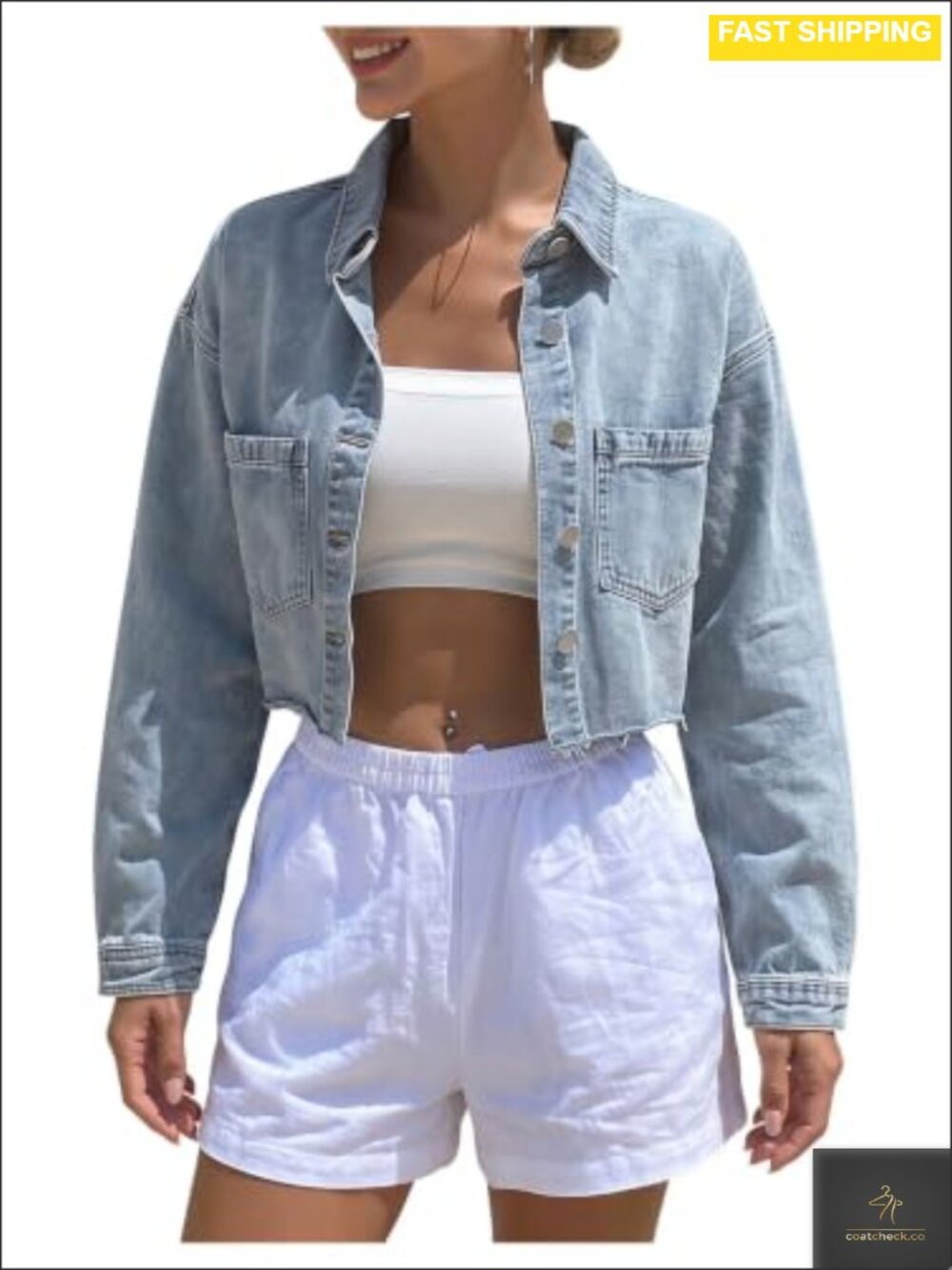Cropped Denim Jacket Raw Trim Button Up Jean Jacket